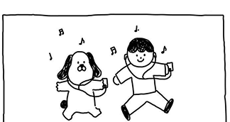 그림일기 예시 — 강아지와 보호자가 함께 춤추는 손그림
